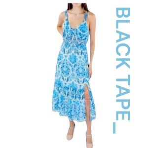 BLACK TAPE_ Blue Damask Print Midi Dress, Smocked Bodice & Back, Size XS.